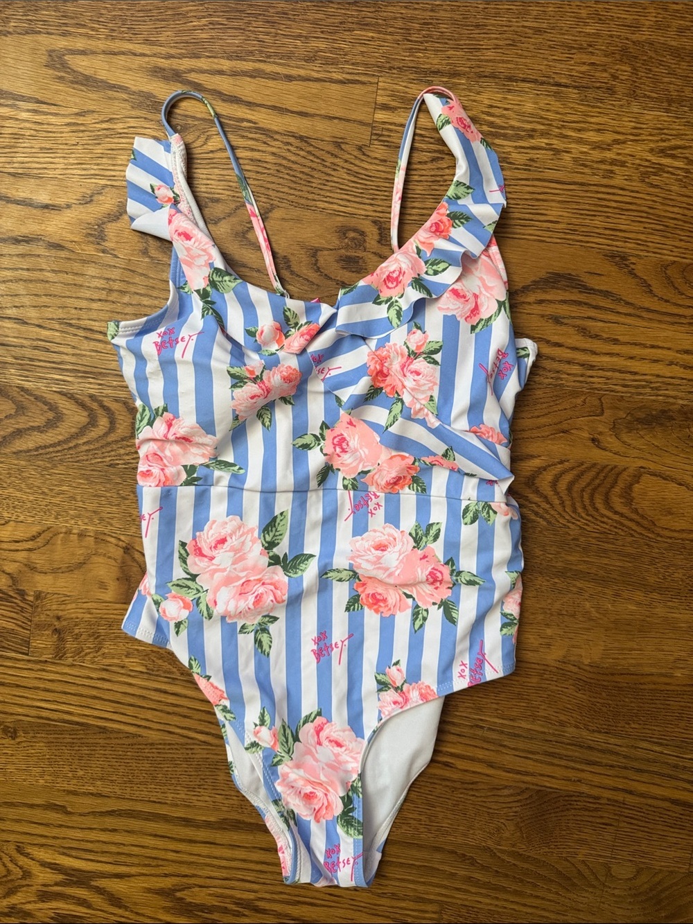 Betsey Johnson Logo Pink Floral & Blue Stripe One-Piece size Medium